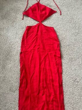 Red Linen Halter Maxi Dress with Cutout and High Slit